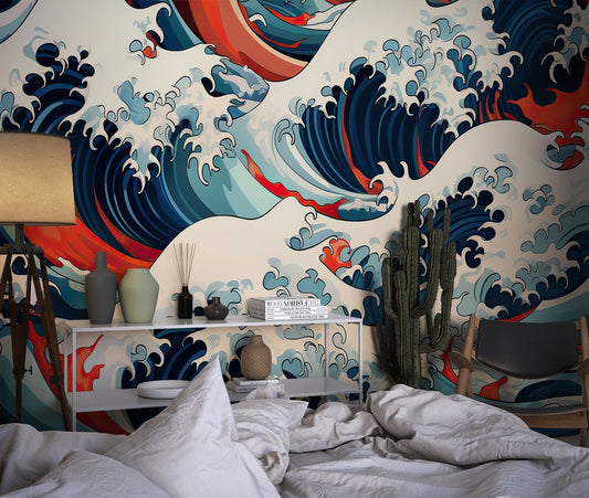 Japanese wave mural wallpaper in navy blue and red displayed in a modern bedroom with decorative accessories