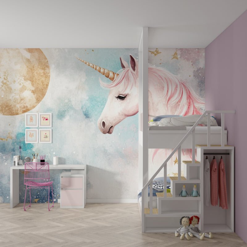 Close-up of pink unicorn mural wallpaper showing intricate watercolor details
