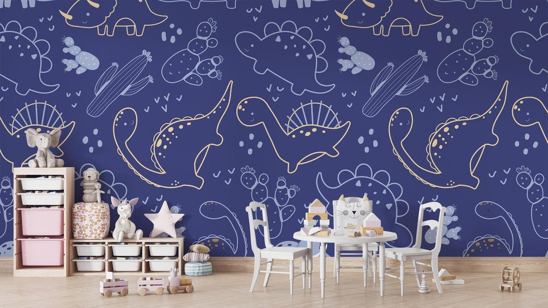 Full-room view of dinosaur mural wallpaper installation in modern nursery