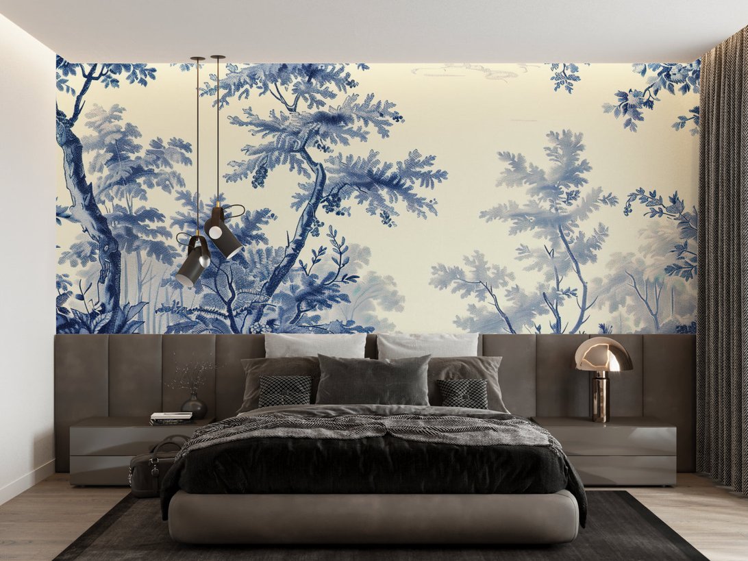 Full room view of Toile de Jouy tree wallpaper in modern interior