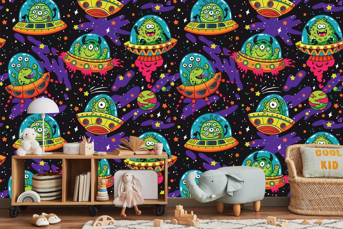 Whimsical space mural wallpaper featuring UFOs and aliens in kids' bedroom