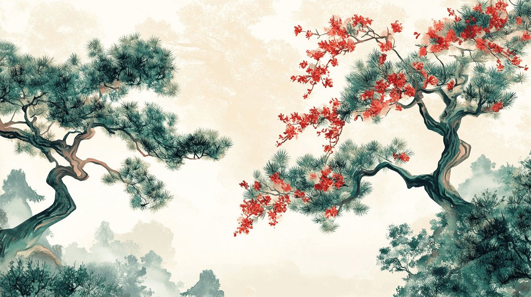 Close-up detail of cherry blossom and pine branches on Japanese mural wallpaper