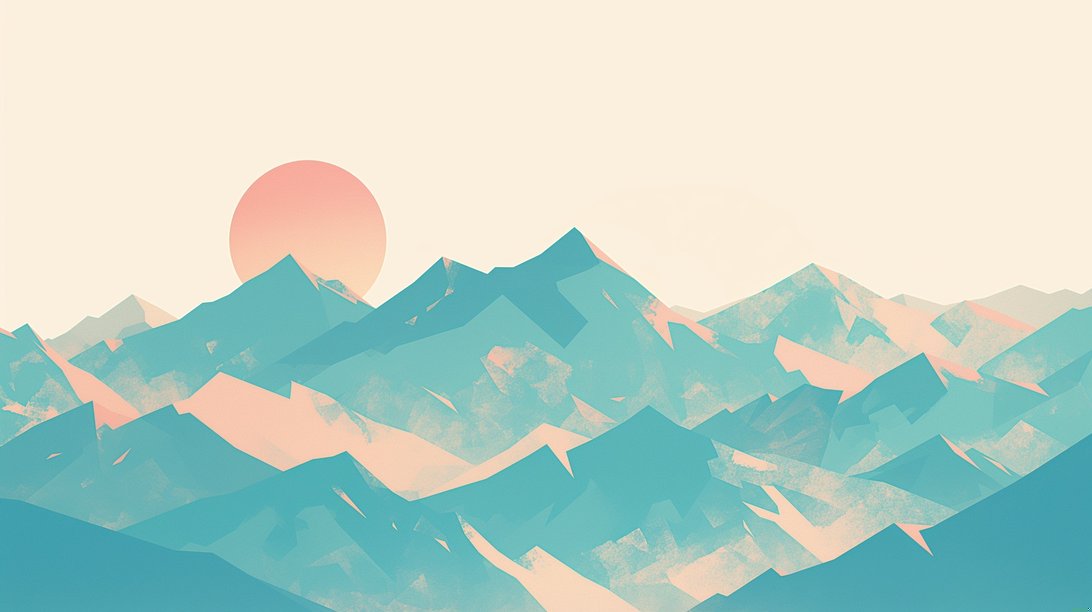 Close-up of abstract mountain range mural wallpaper design featuring geometric peaks and coral sun