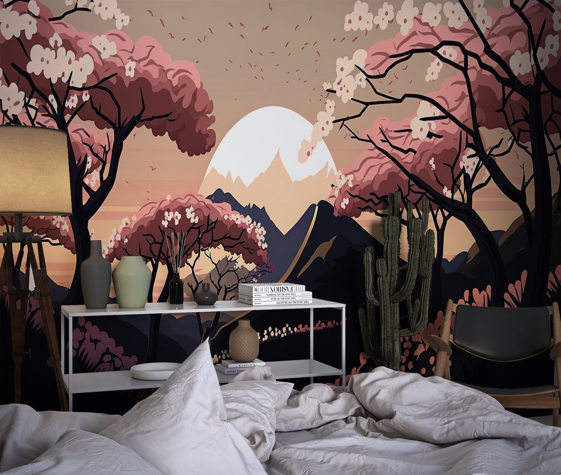 Japanese landscape mural wallpaper showing evening cherry blossom scene