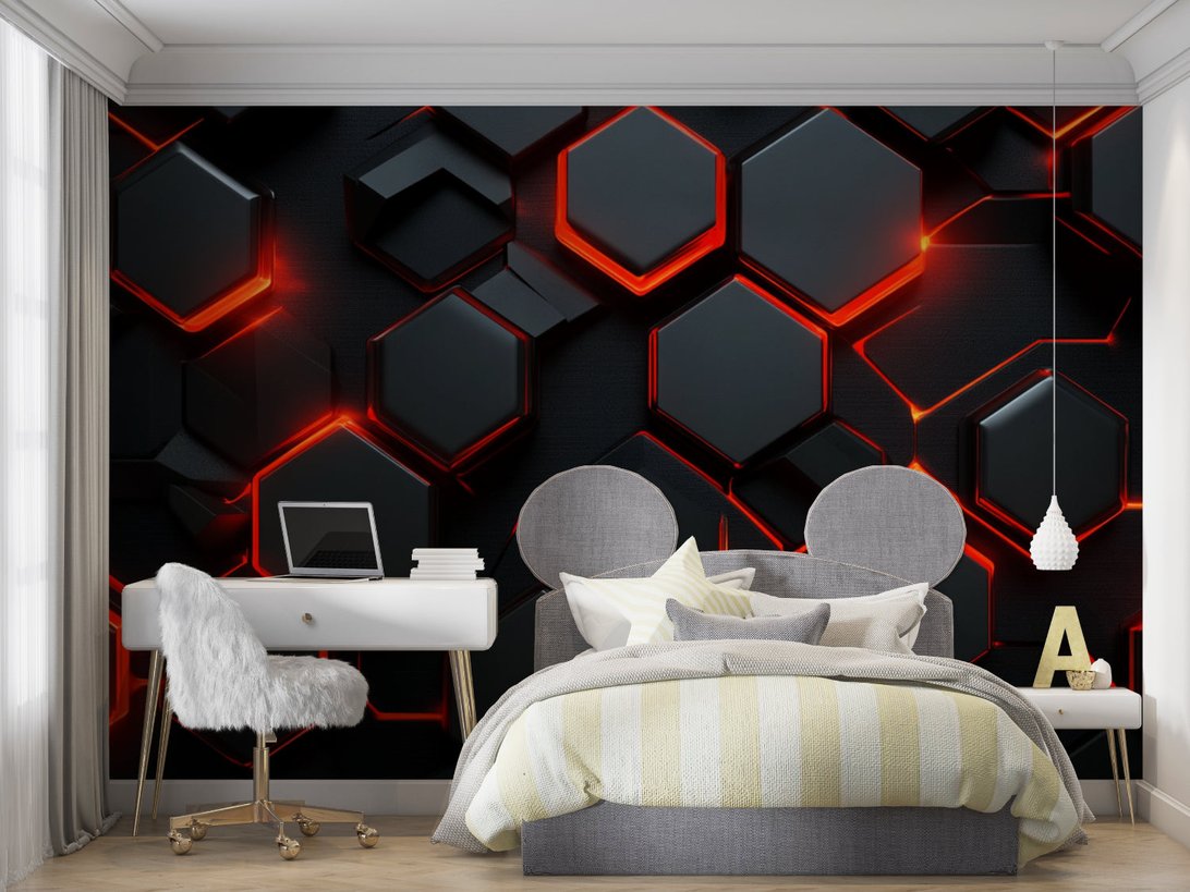 Modern bedroom featuring geometric hexagon mural wallpaper with red illuminated edges