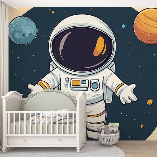 Space explorer mural wallpaper with astronaut and planets in a nursery setting