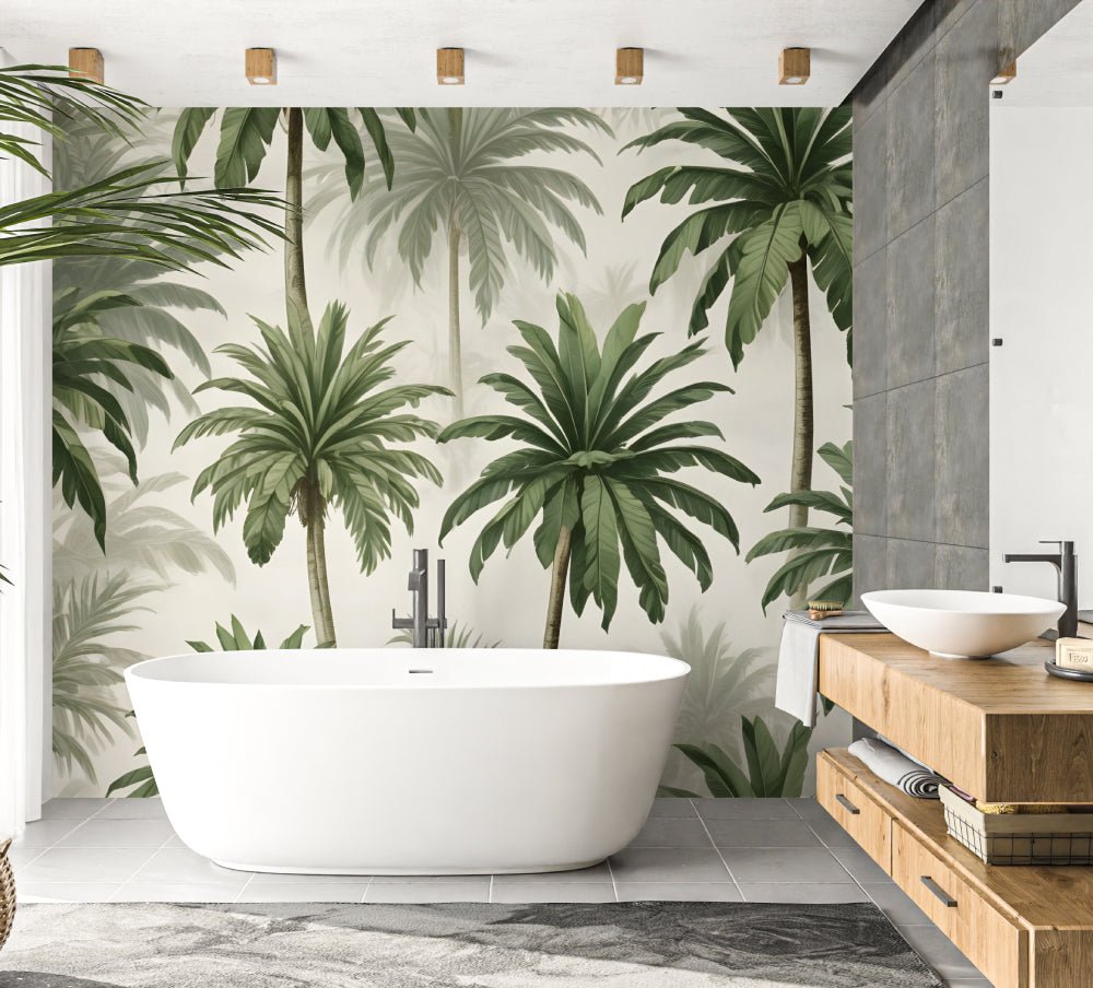 Close-up of tropical palm tree wallpaper pattern showing detailed fronds