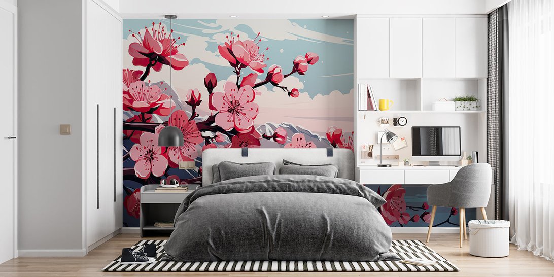 Japanese cherry blossom mural wallpaper in modern bedroom with gray bedding