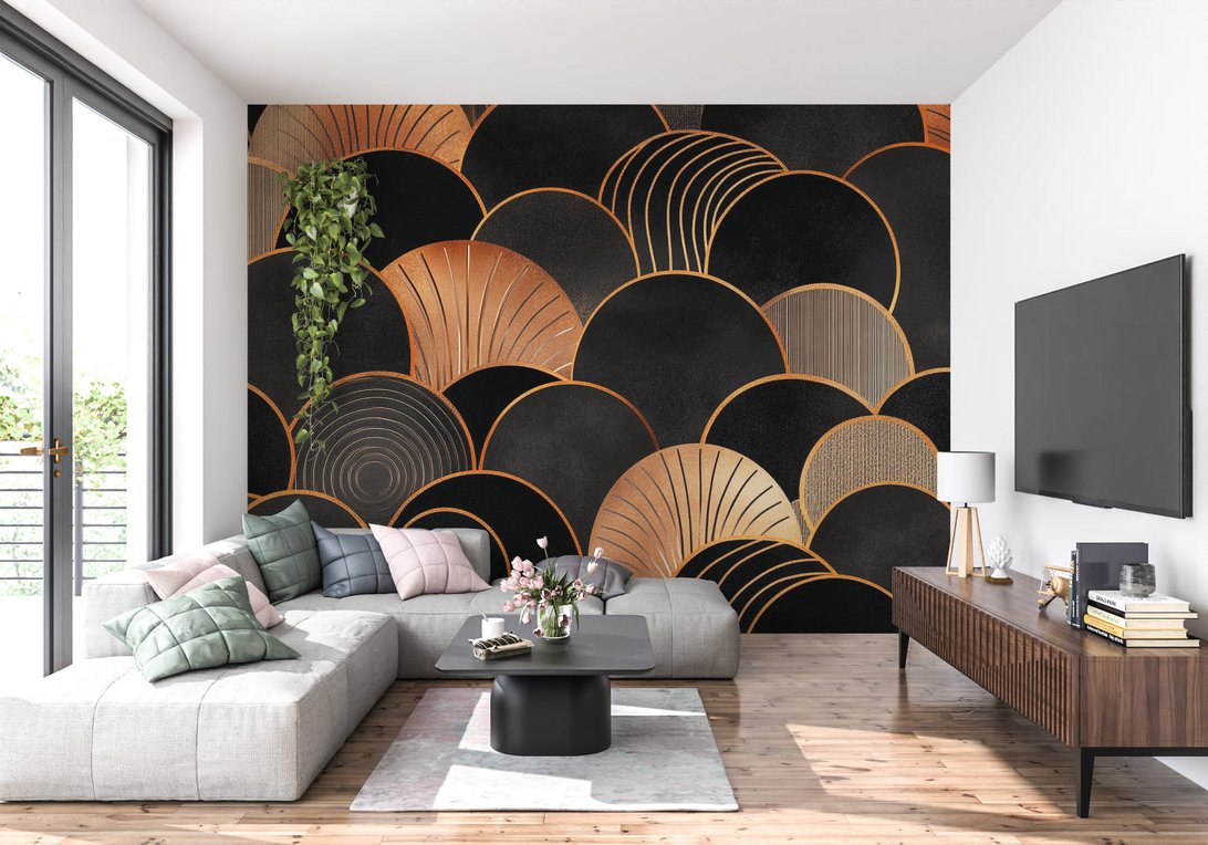 Detailed view of black and gold geometric arch pattern on luxury mural wallpaper