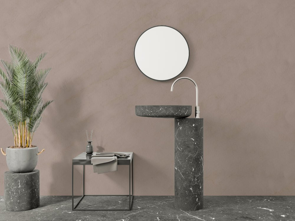 Modern bathroom design with taupe textured mural wallpaper and marble elements