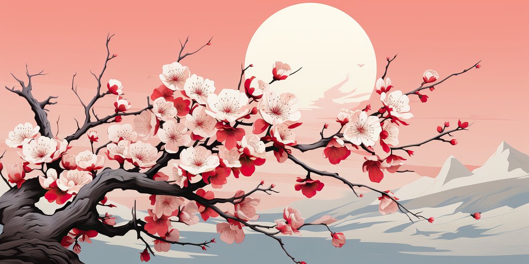 Full panoramic view of Japanese cherry blossom mural wallpaper design
