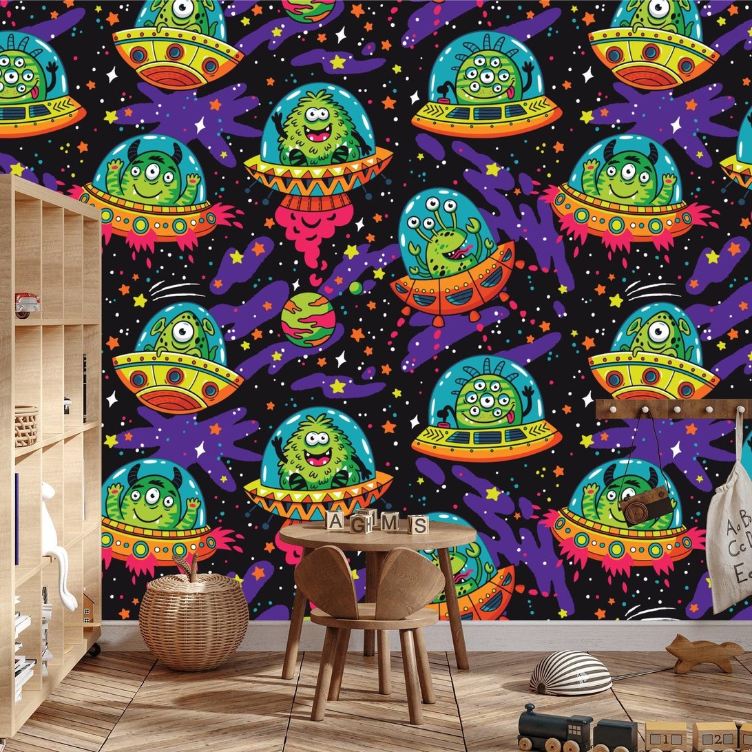 Colorful alien and UFO galaxy mural wallpaper in children's playroom setting
