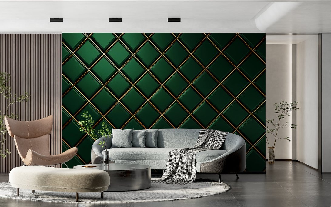 Green and gold diamond pattern mural wallpaper detail in modern interior