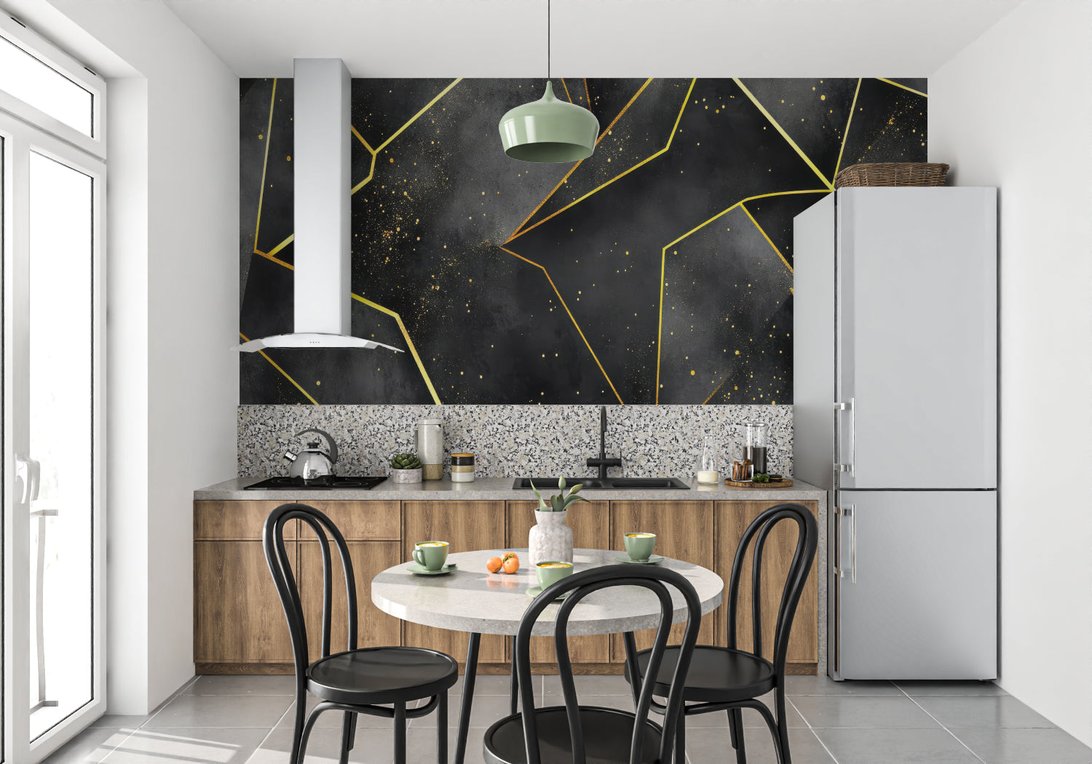 Black and gold geometric mural wallpaper showcased in modern kitchen setting