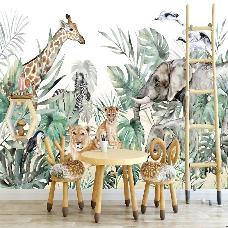Safari themed mural wallpaper with wooden children's furniture and tropical decor