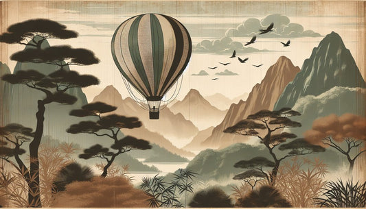 Vintage hot air balloon floating over misty mountains and lakes with acacia trees in sage green landscape mural wallpaper