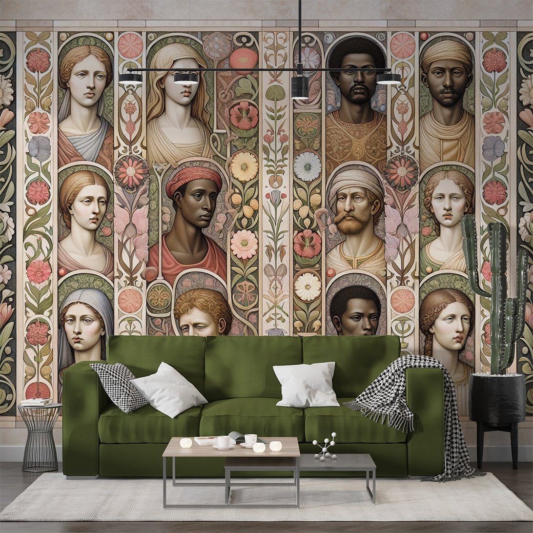 Art Deco mural wallpaper with Renaissance portraits and floral patterns shown in modern living room with green sofa
