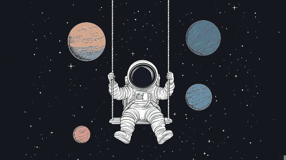 Close-up of astronaut space swing mural wallpaper design with pink and blue planets