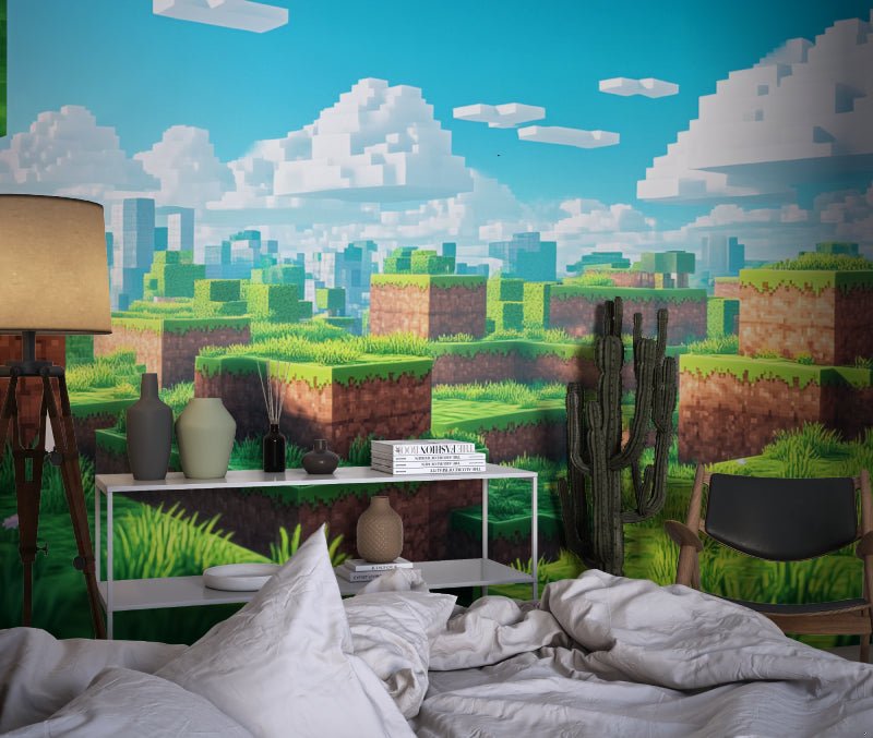 Pixelated Minecraft world mural wallpaper installation in bedroom