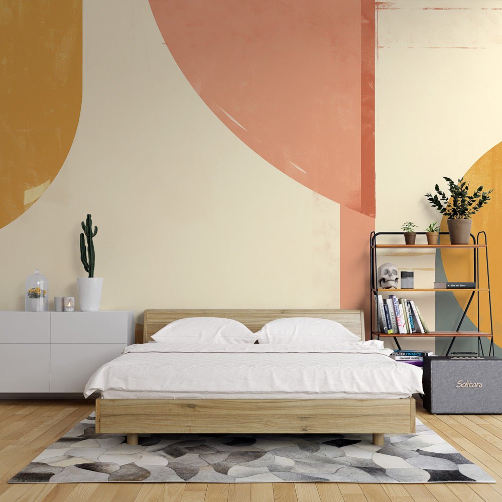 Modern geometric mural wallpaper with terracotta and gold circles shown in contemporary bedroom setting