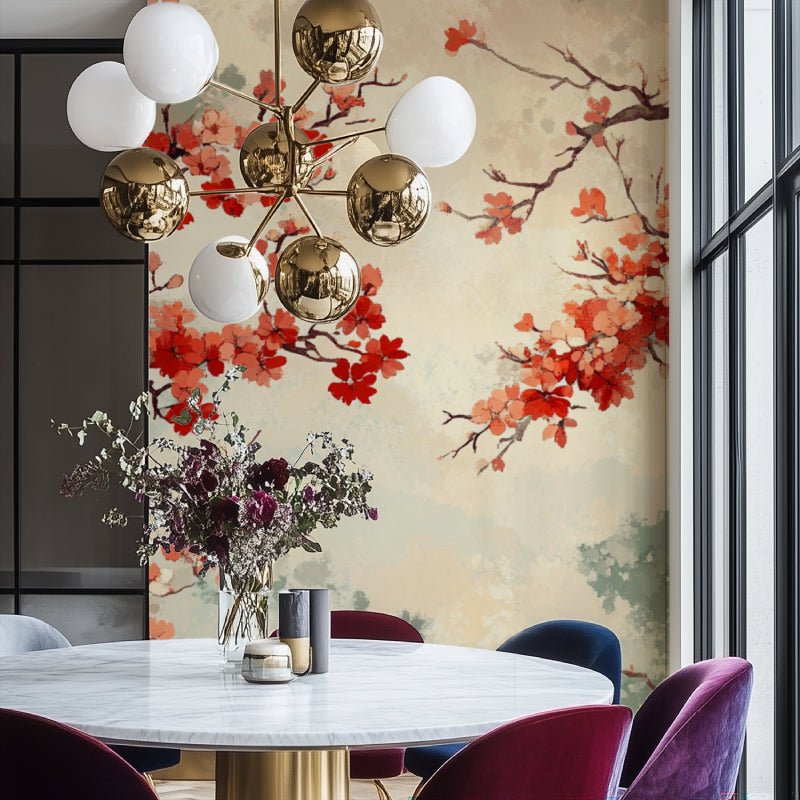 Modern dining room decorated with Japanese Cherry Blossom mural wallpaper and contemporary furniture