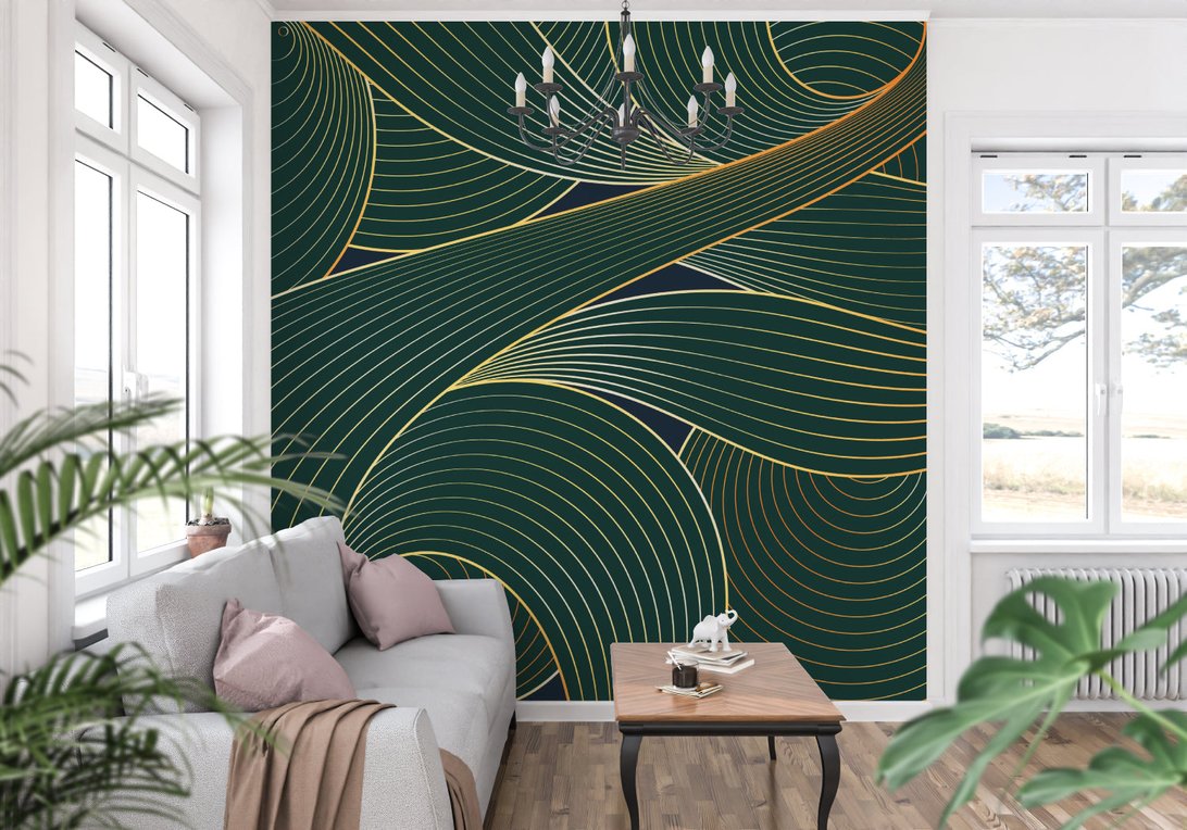 Art Deco emerald and gold wave mural wallpaper in bright living room with windows