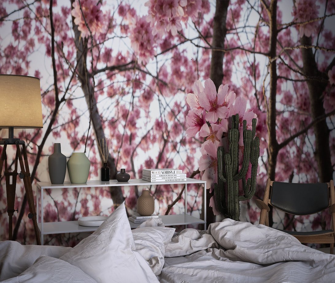 Detailed view of Cherry Blossom mural wallpaper showing texture and depth