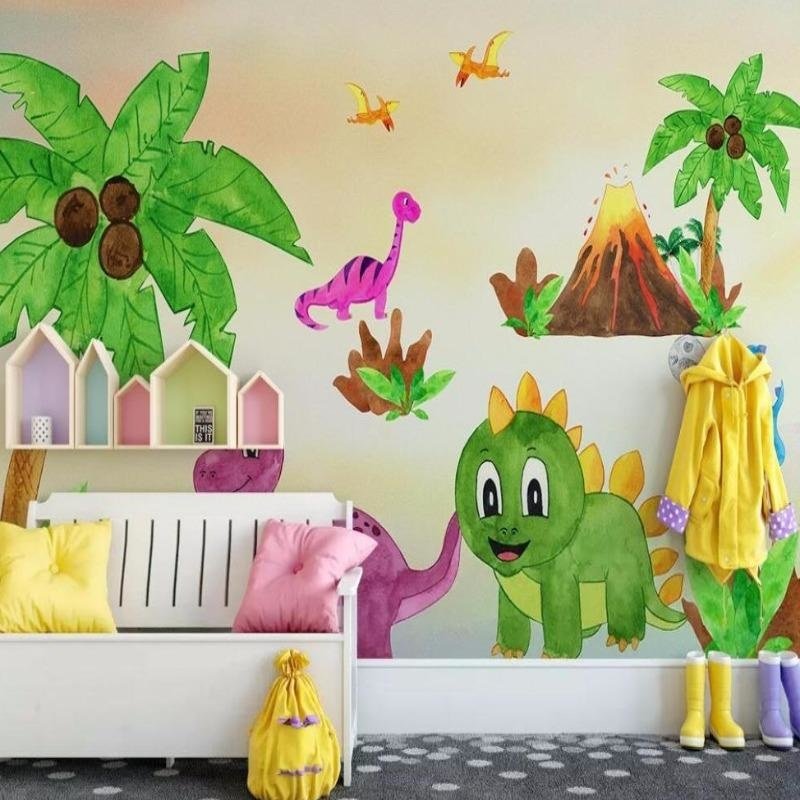 Dinosaur mural wallpaper with friendly green stegosaurus and palm trees in a modern kids room setting