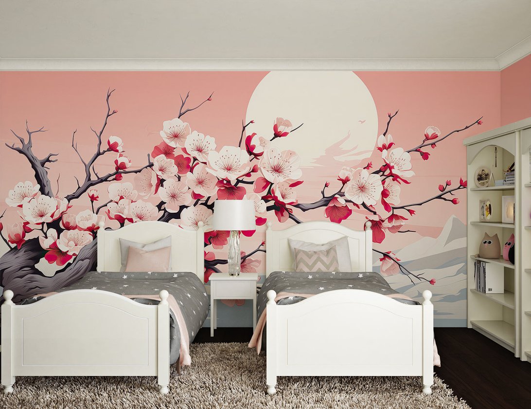 Japanese cherry blossom mural wallpaper in children's bedroom with twin beds and pink sakura design