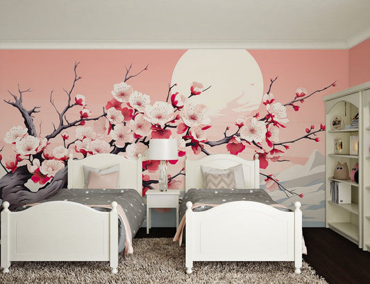 Japanese cherry blossom mural wallpaper in children's bedroom with twin beds and pink sakura design