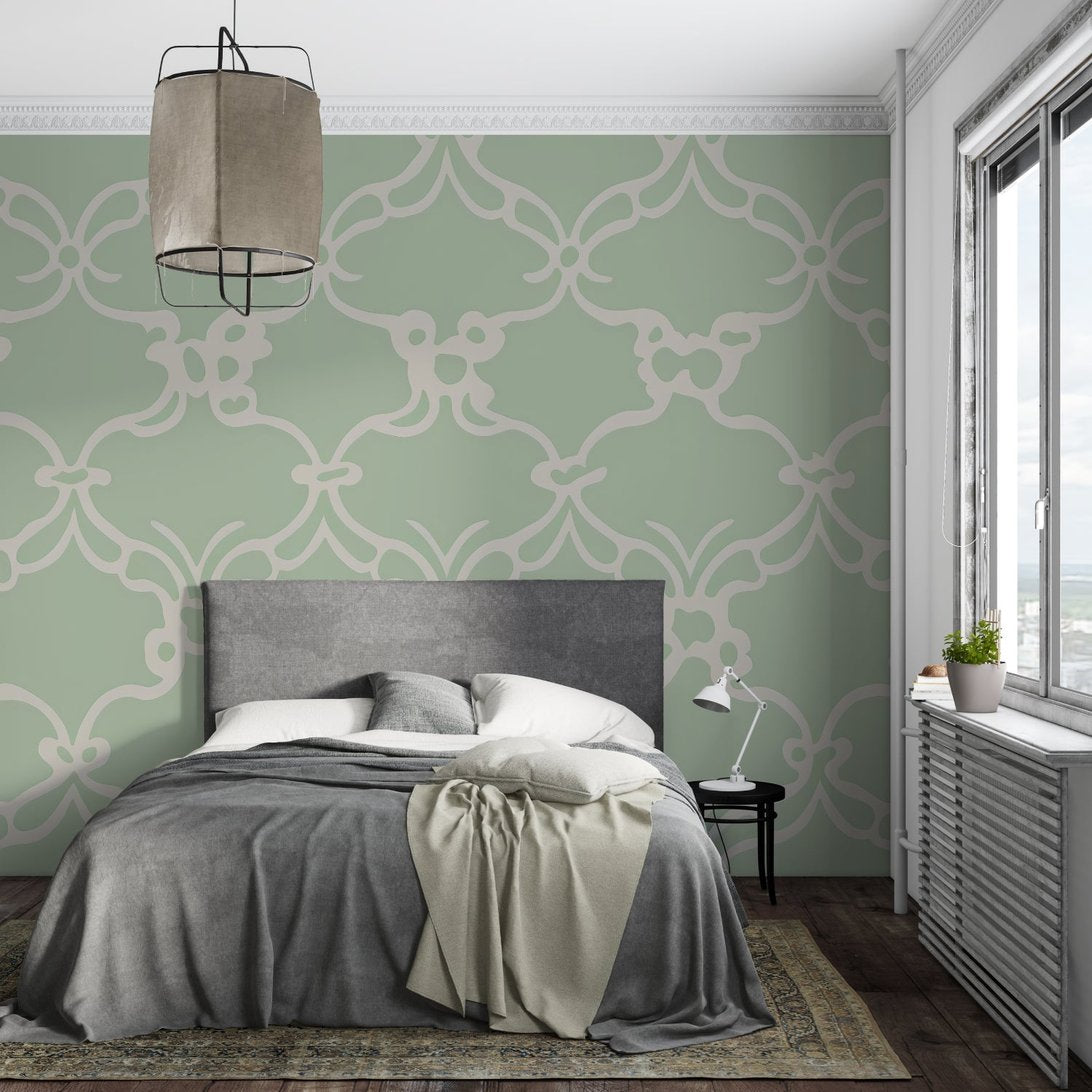 Art Deco sage green geometric mural wallpaper displayed in contemporary bedroom setting