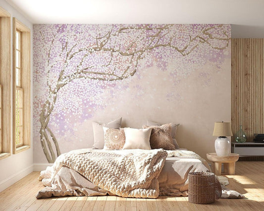 Japanese Cherry Blossom mural wallpaper in cozy bedroom with neutral decor and knitted throw