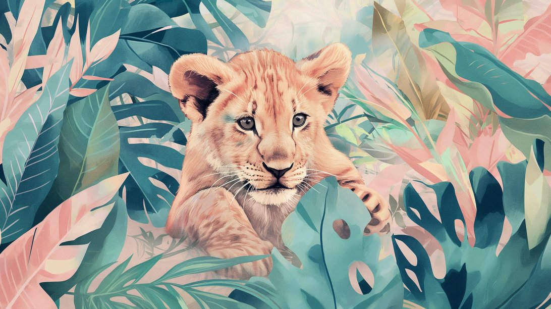Lion cub mural wallpaper featuring a young lion amid pink and turquoise tropical leaves