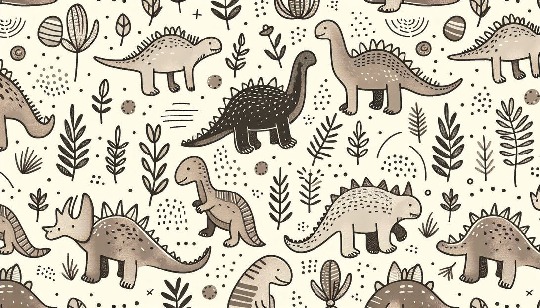 Close-up of dinosaur pattern wallpaper showing detailed prehistoric creatures and minimalist botanical designs in neutral colors