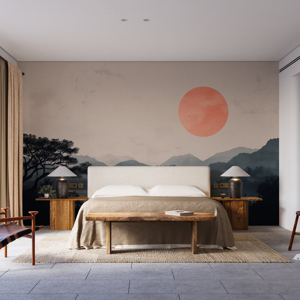 Japanese mountain landscape mural wallpaper with coral sun in modern bedroom setting