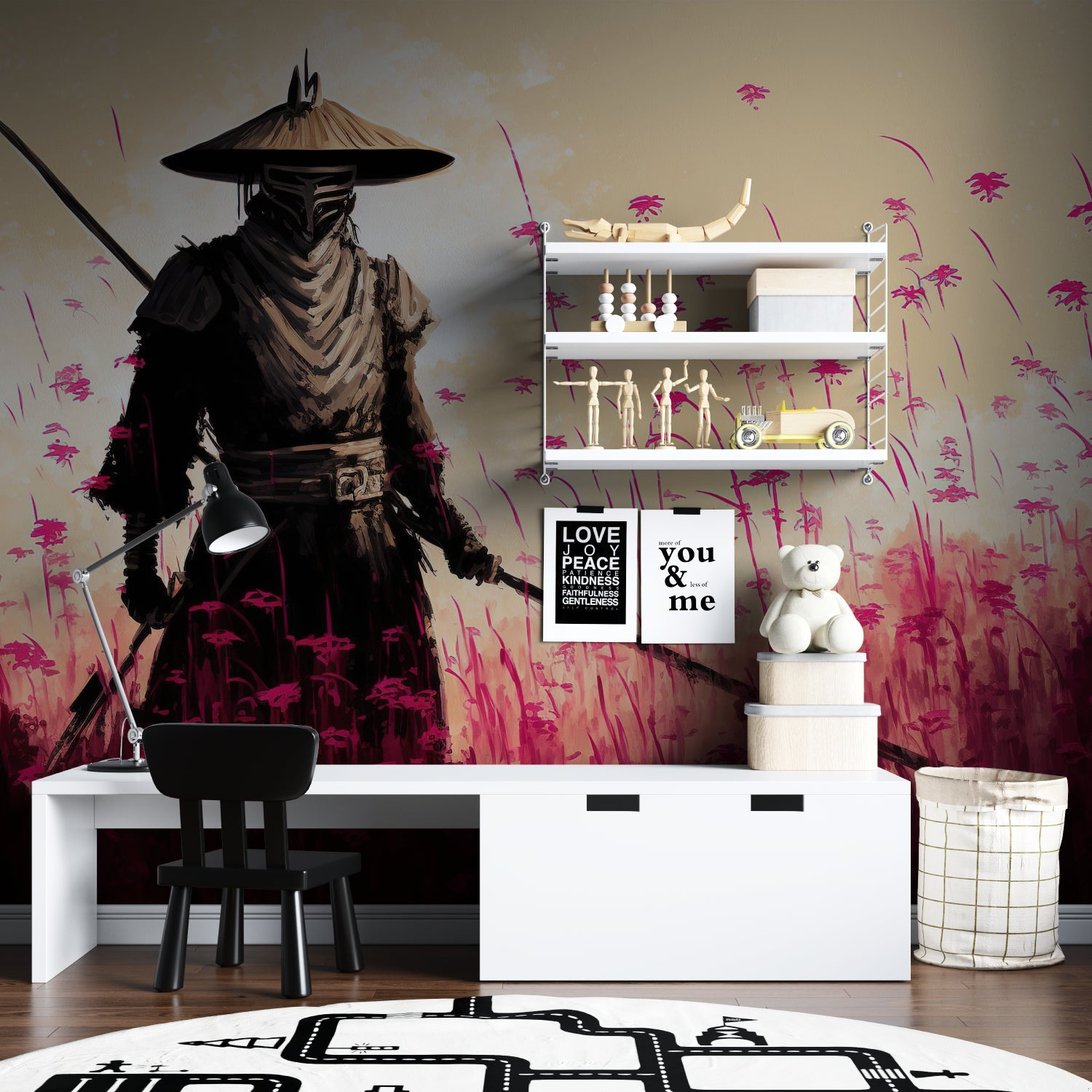 Close-up detail of samurai warrior wall mural with pink flower motifs