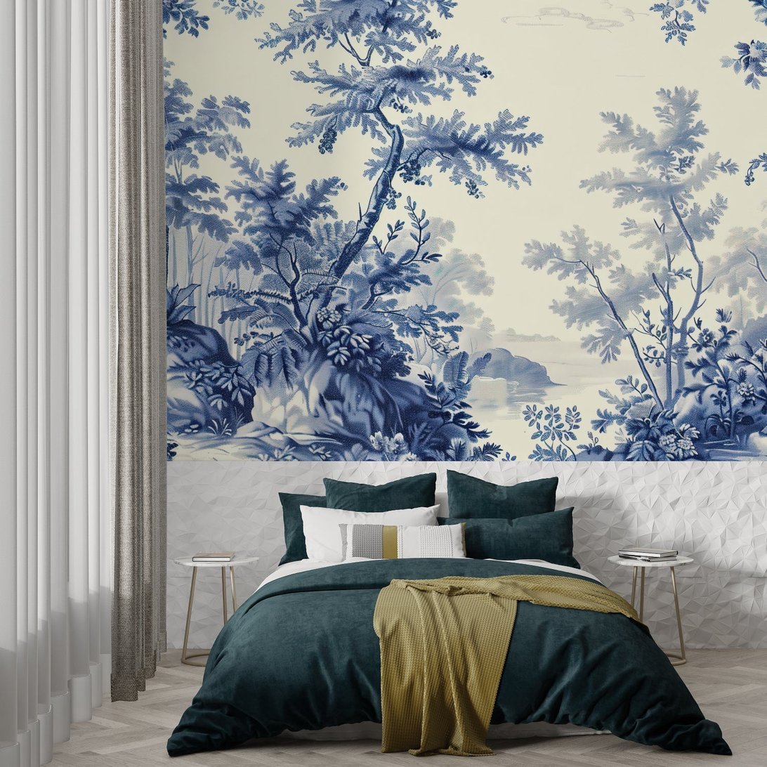 Close-up of blue Toile de Jouy tree pattern mural wallpaper in elegant bedroom