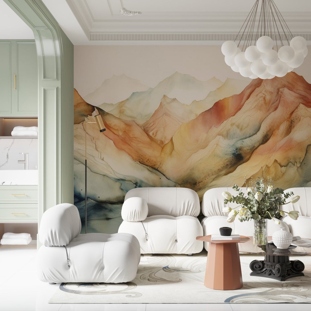 Modern living room featuring mountain landscape mural wallpaper