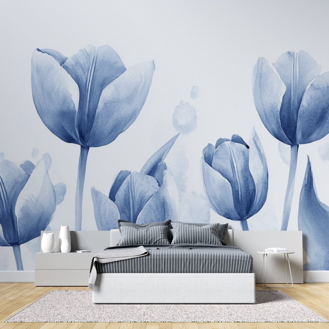 Large-scale blue tulip wallpaper mural in minimalist bedroom setting