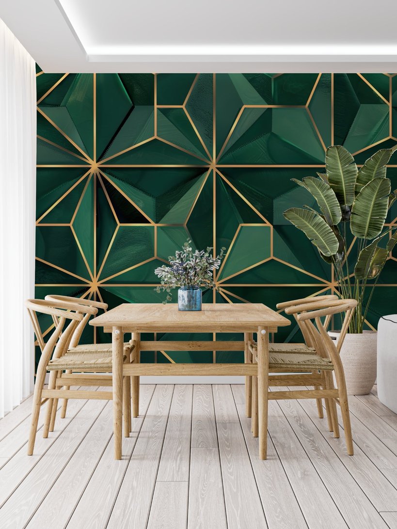 Emerald green and gold geometric art deco mural wallpaper in dining room setting with wooden furniture