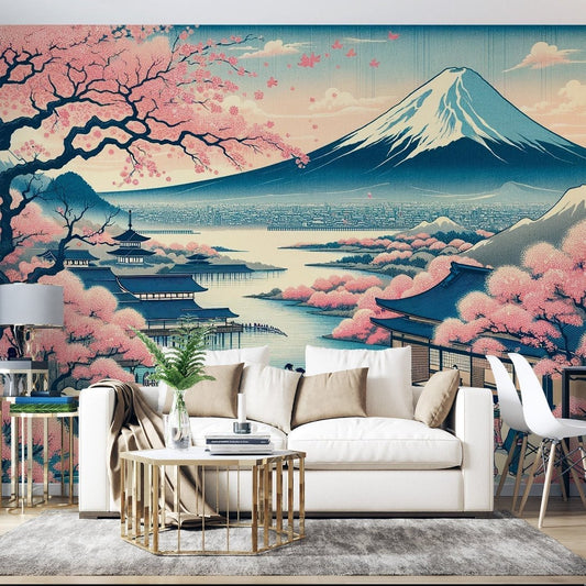 Japanese Mount Fuji mural wallpaper with cherry blossoms and traditional temples in a modern living room setting