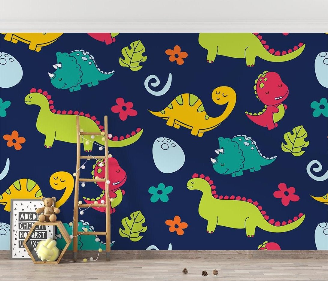 Dinosaur mural wallpaper display with decorative ladder and nursery accessories