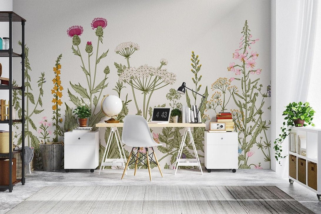 Wildflower botanical mural wallpaper in modern home office with white desk and decorative accessories