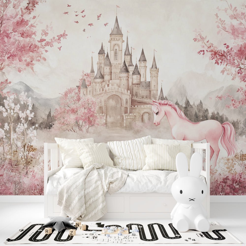 Enchanted castle and pink unicorn mural wallpaper in children's bedroom with white daybed