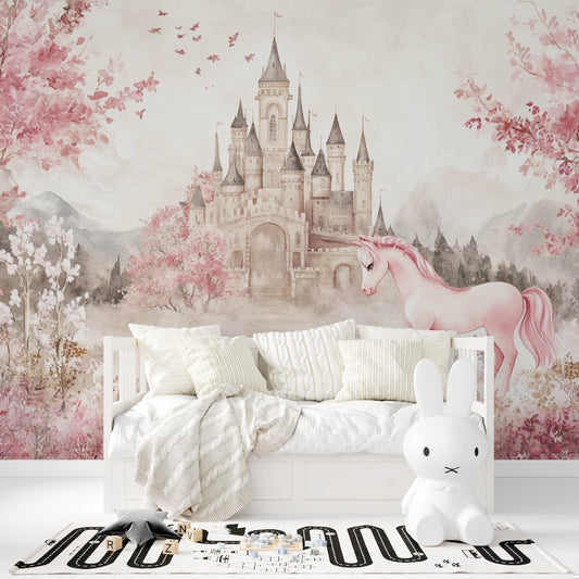 Enchanted castle and pink unicorn mural wallpaper in children's bedroom with white daybed