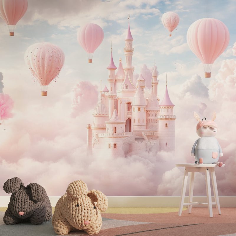 Princess castle mural wallpaper with pink hot air balloons in a nursery setting with plush toys