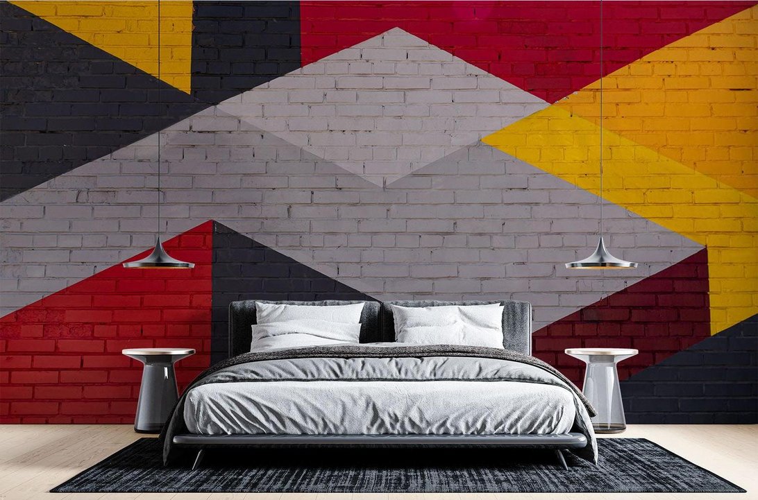 Red and yellow geometric brick wallpaper in modern interior