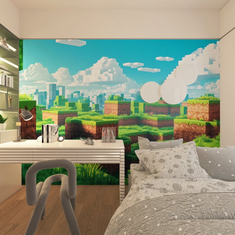 Minecraft pixel art mural wallpaper in a modern gaming bedroom setup