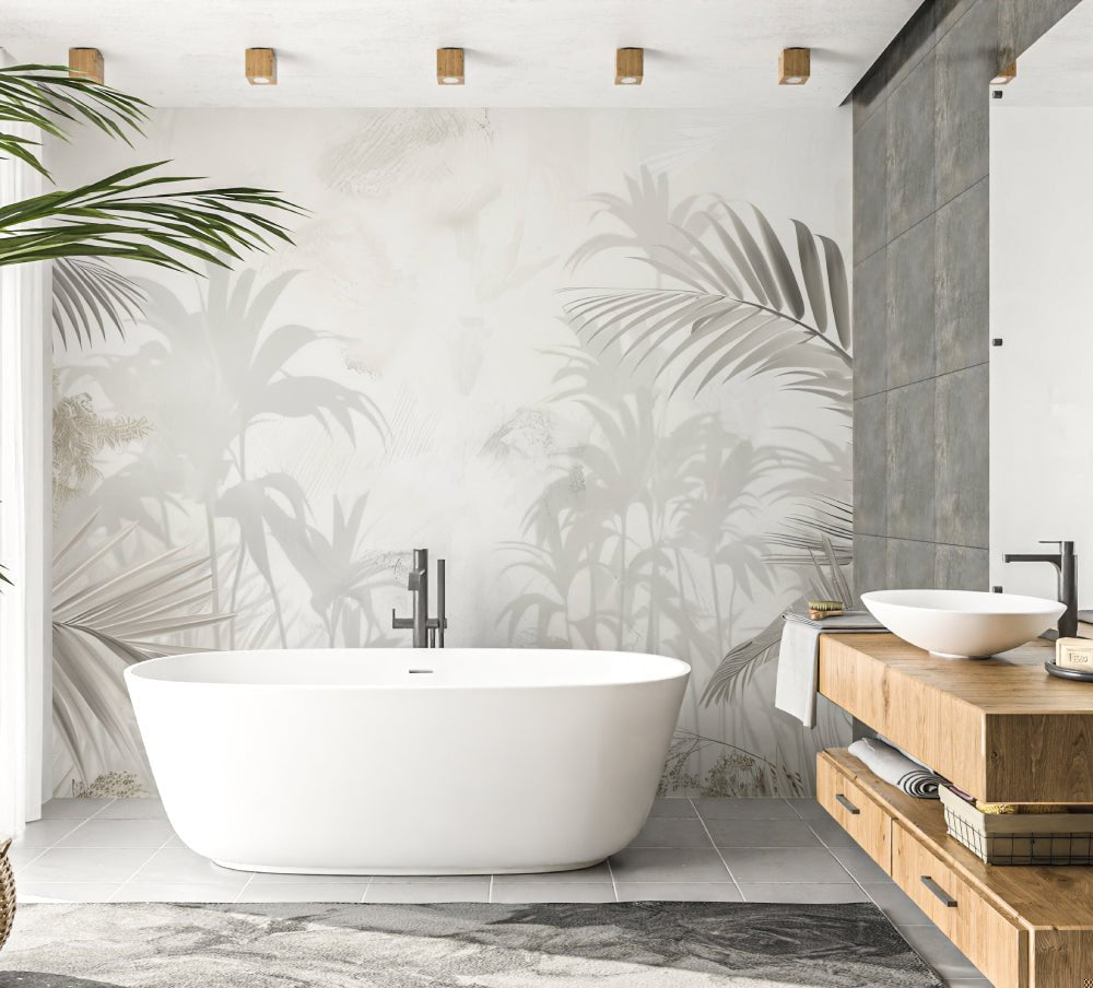 Contemporary bathroom setting featuring palm leaves wallpaper design