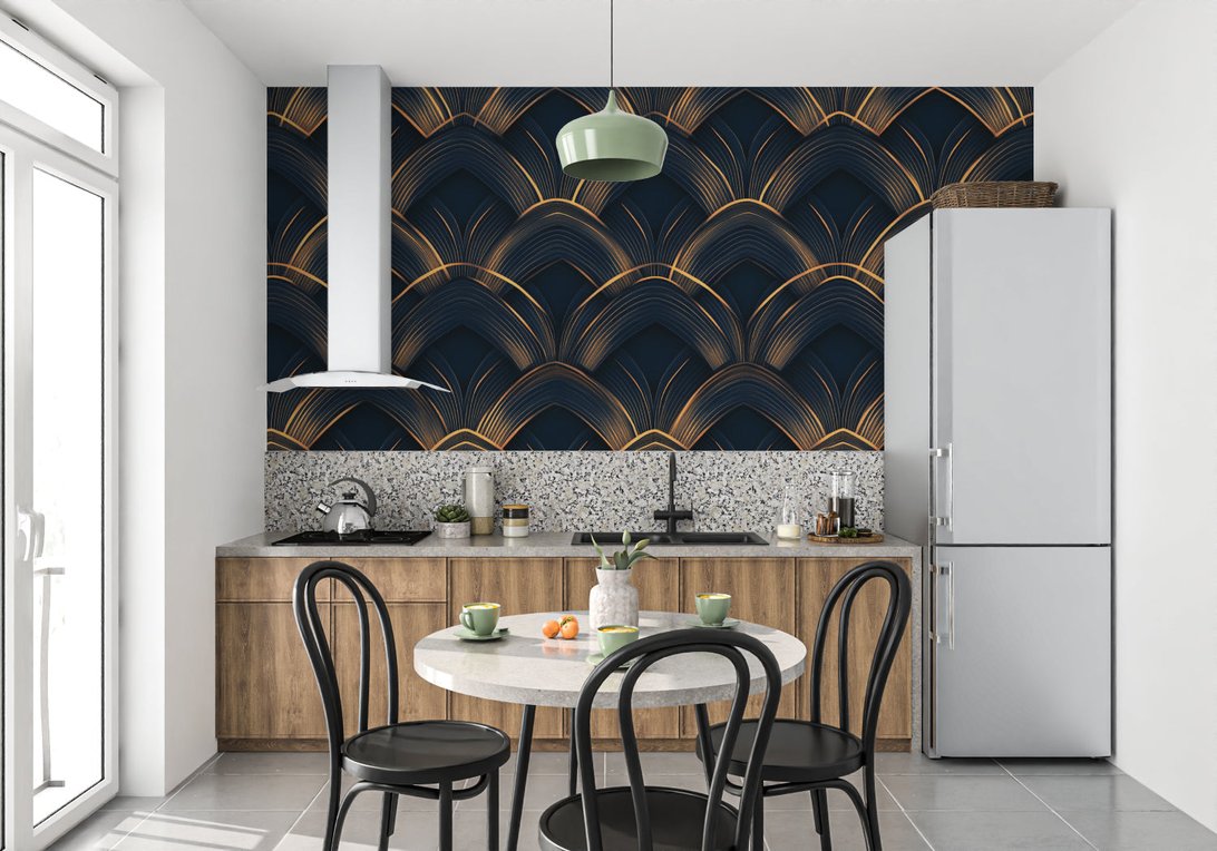 Art Deco geometric mural wallpaper in contemporary kitchen with wooden cabinets